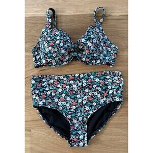 Lands' End Black Floral Bikini Swimsuit 10 Twisted Underwire Top Mid Rise Bottom